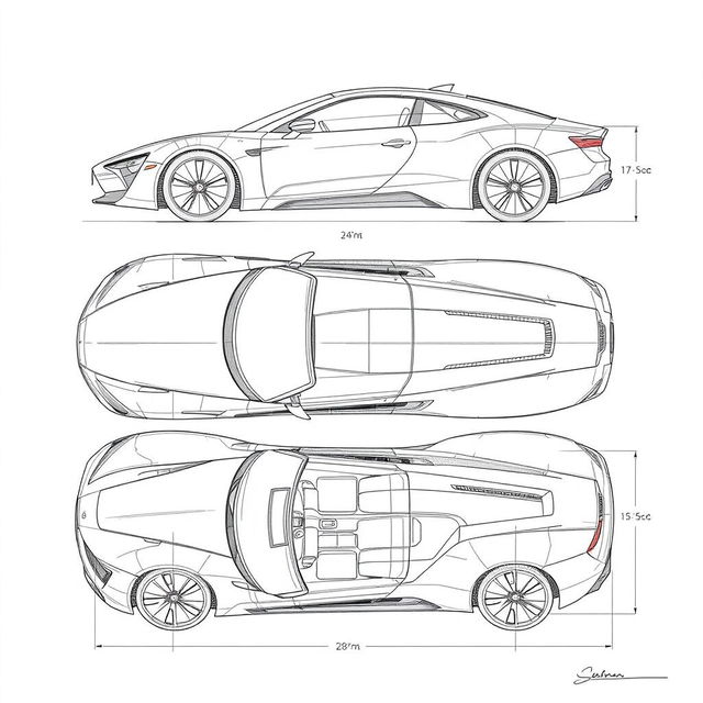 a comprehensive car blueprint sketch displaying all views, including front, back, left side, right side, top, and bottom perspectives