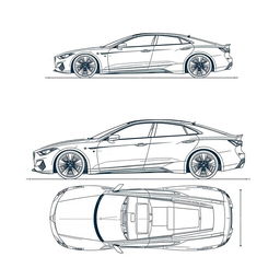 a comprehensive car blueprint sketch displaying all views, including front, back, left side, right side, top, and bottom perspectives