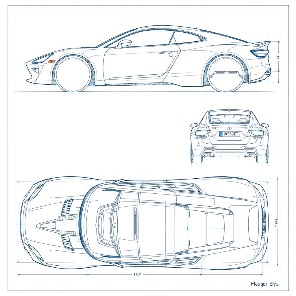 a meticulously hand-drawn car blueprint sketch featuring comprehensive views from the front, back, right, left, top, and bottom angles