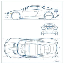 a meticulously hand-drawn car blueprint sketch featuring comprehensive views from the front, back, right, left, top, and bottom angles