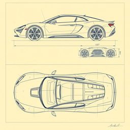 a meticulously hand-drawn car blueprint sketch featuring comprehensive views from the front, back, right, left, top, and bottom angles