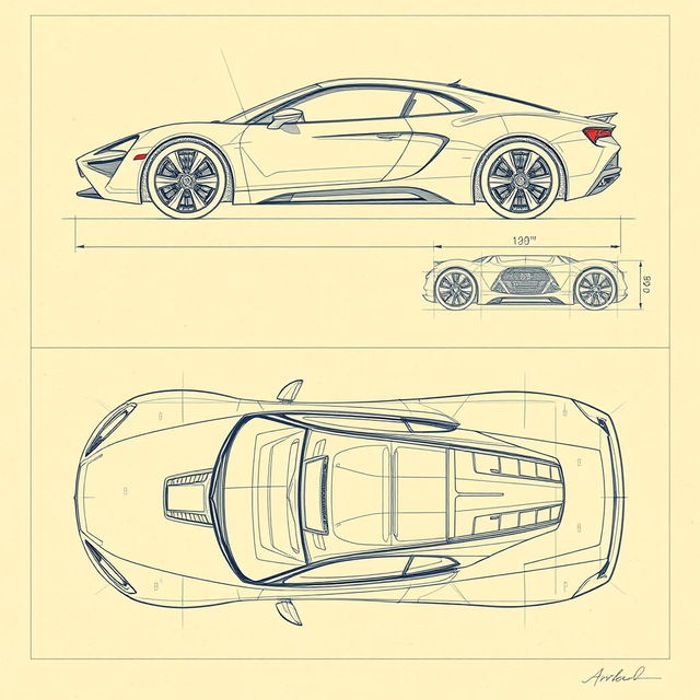 a meticulously hand-drawn car blueprint sketch featuring comprehensive views from the front, back, right, left, top, and bottom angles