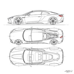 a meticulously hand-drawn car blueprint sketch featuring comprehensive views from the front, back, right, left, top, and bottom angles