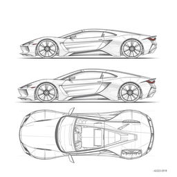 a detailed car blueprint sketch encompassing the entire body from all angles, including front, rear, left, right, top, and bottom views