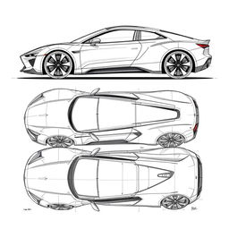 a detailed car blueprint sketch encompassing the entire body from all angles, including front, rear, left, right, top, and bottom views