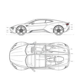 a detailed car blueprint sketch encompassing the entire body from all angles, including front, rear, left, right, top, and bottom views