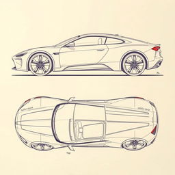 a detailed car blueprint sketch encompassing the entire body from all angles, including front, rear, left, right, top, and bottom views