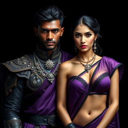 An ultra realistic portrait of a handsome dark complexioned Indian warrior and a beautiful dark complexioned Indian woman