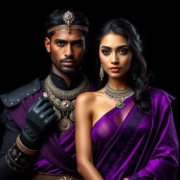 An ultra realistic portrait of a handsome dark complexioned Indian warrior and a beautiful dark complexioned Indian woman