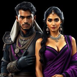 An ultra realistic portrait of a handsome dark complexioned Indian warrior and a beautiful dark complexioned Indian woman