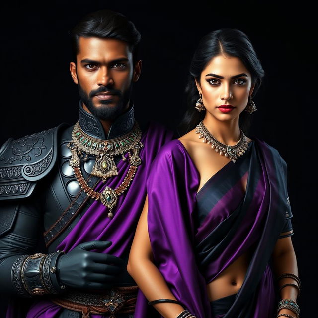 An ultra realistic portrait of a handsome dark complexioned Indian warrior and a beautiful dark complexioned Indian woman