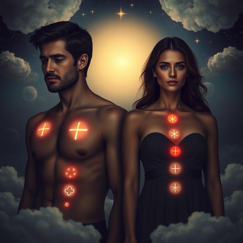 A deeply introspective image of a real man and woman symbolizing 'the 7 wounds of the soul'