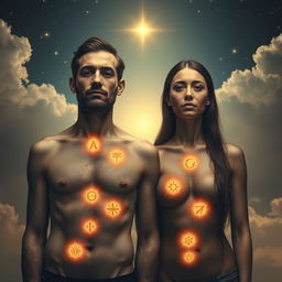 A deeply introspective image of a real man and woman symbolizing 'the 7 wounds of the soul'