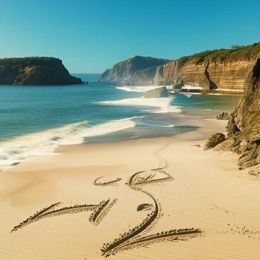 A serene beach close to the vast ocean, with the symbols '♡︎ R 2' artistically written on the sandy shore.