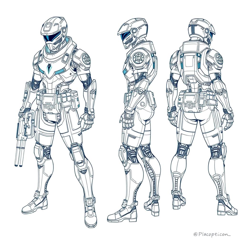 A detailed blueprint sketch of a character design, including front, side, and back views
