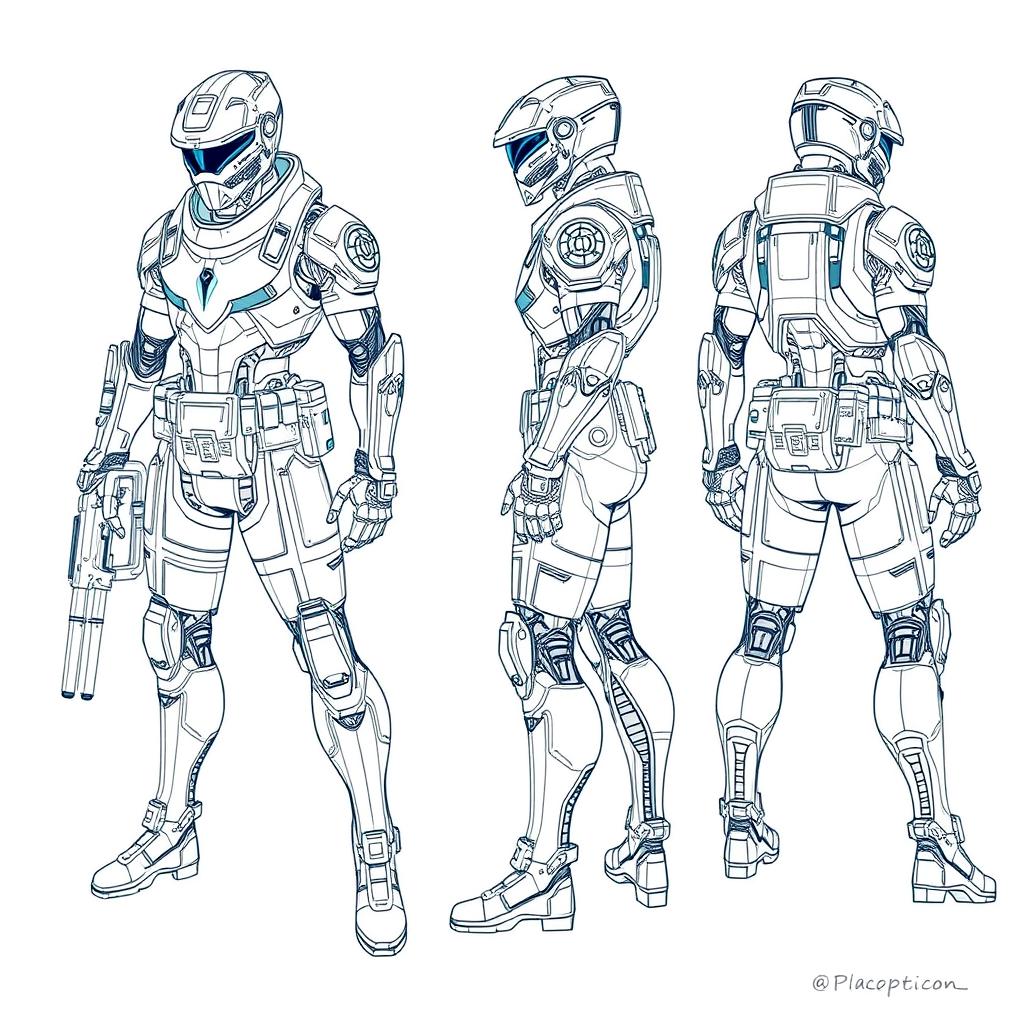 A detailed blueprint sketch of a character design, including front, side, and back views