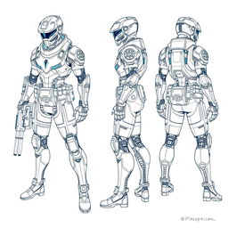 A detailed blueprint sketch of a character design, including front, side, and back views