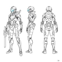 A detailed blueprint sketch of a character design, including front, side, and back views