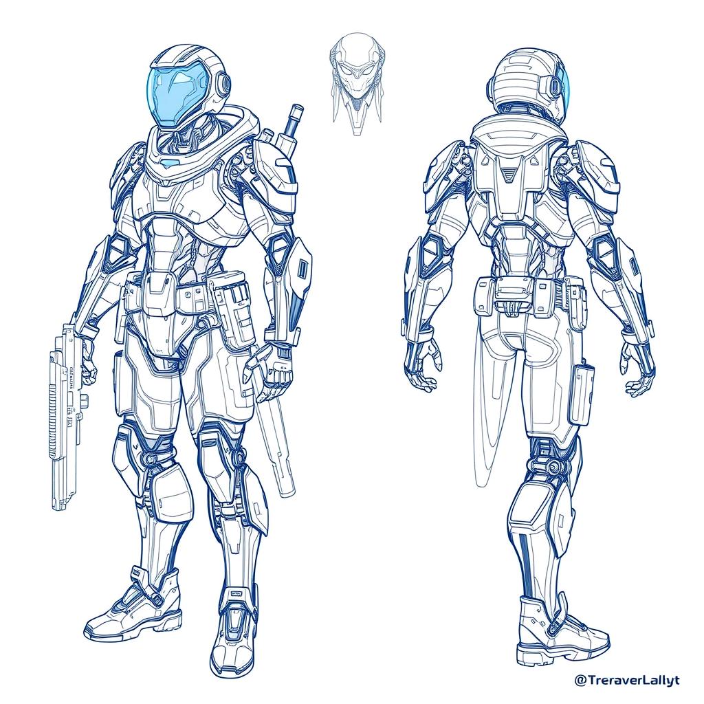 A detailed blueprint sketch of a character design, including front, side, and back views