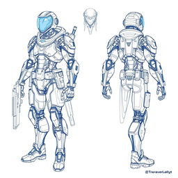 A detailed blueprint sketch of a character design, including front, side, and back views