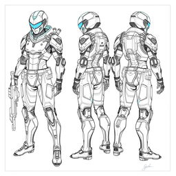 A detailed blueprint sketch of a character design, including front, side, and back views