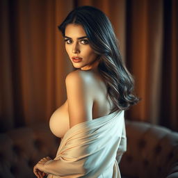 A beautiful and confident woman with an alluring gaze, standing in a way that emphasizes her natural beauty and elegance