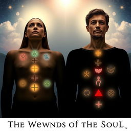 A deeply introspective image of a real man and woman symbolizing 'the 7 wounds of the soul'