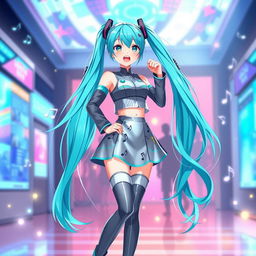 Hatsune Miku standing confidently in a vibrant and lively environment, her characteristic long turquoise twintails flowing in the breeze