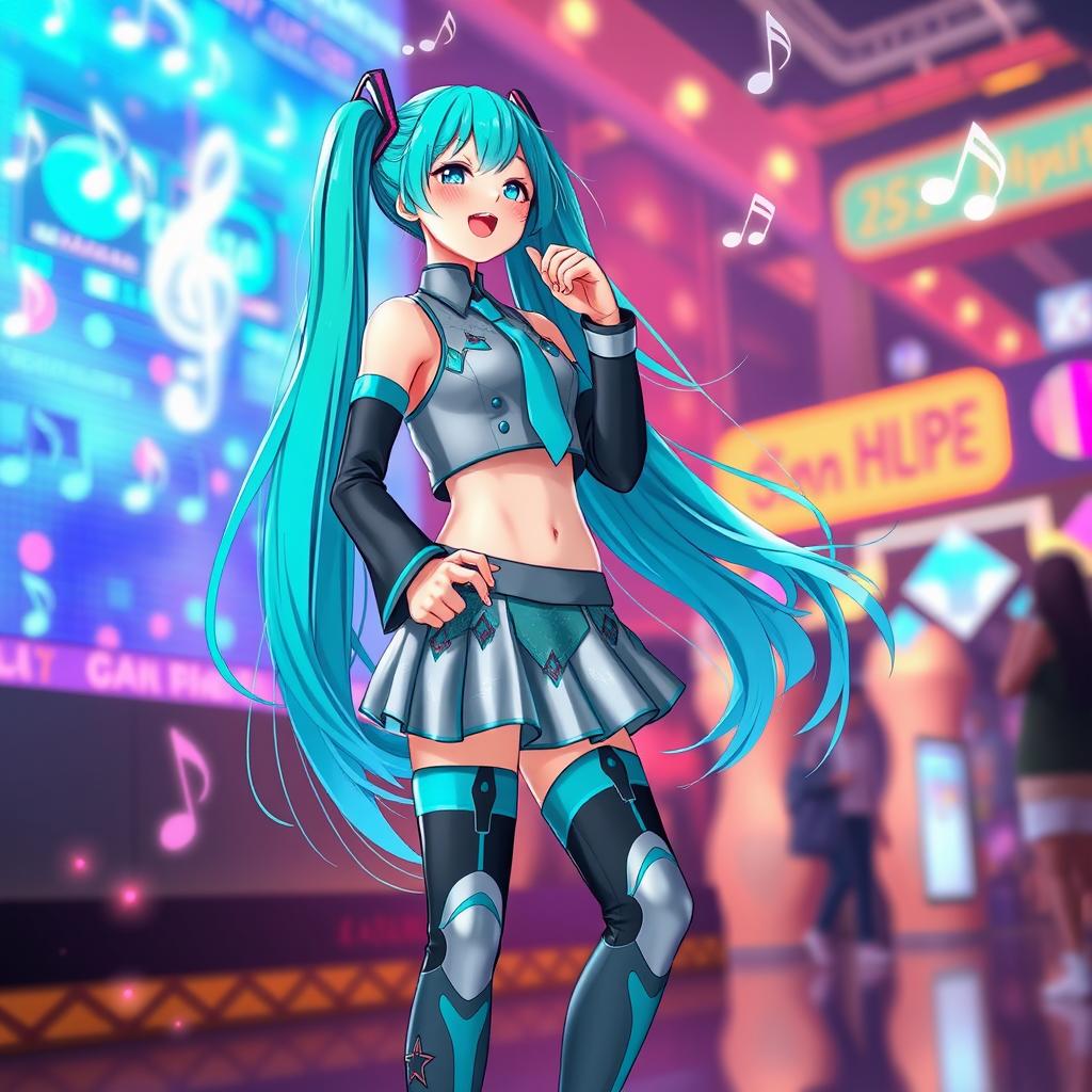 Hatsune Miku standing confidently in a vibrant and lively environment, her characteristic long turquoise twintails flowing in the breeze