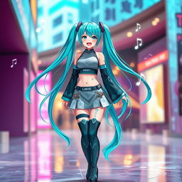 Hatsune Miku standing confidently in a vibrant and lively environment, her characteristic long turquoise twintails flowing in the breeze