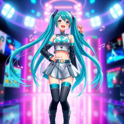 Hatsune Miku standing confidently in a vibrant and lively environment, her characteristic long turquoise twintails flowing in the breeze