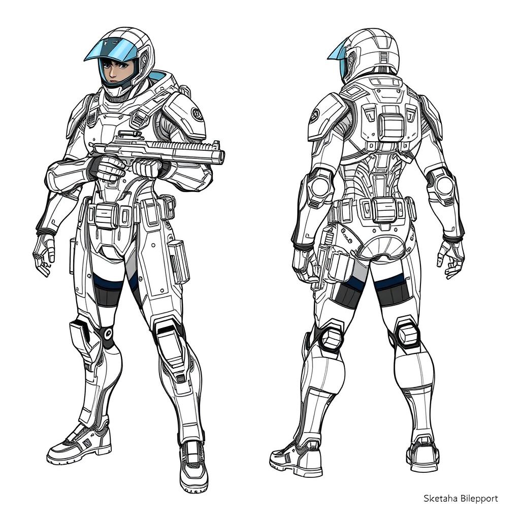 A realistic and detailed blueprint sketch of a character design, showcasing front, side, and back views