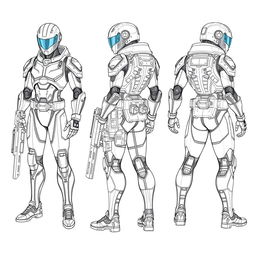 A realistic and detailed blueprint sketch of a character design, showcasing front, side, and back views