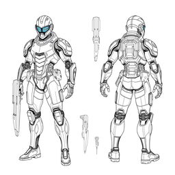 A realistic and detailed blueprint sketch of a character design, showcasing front, side, and back views