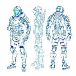 A realistic and detailed blueprint sketch of a character design, showcasing front, side, and back views