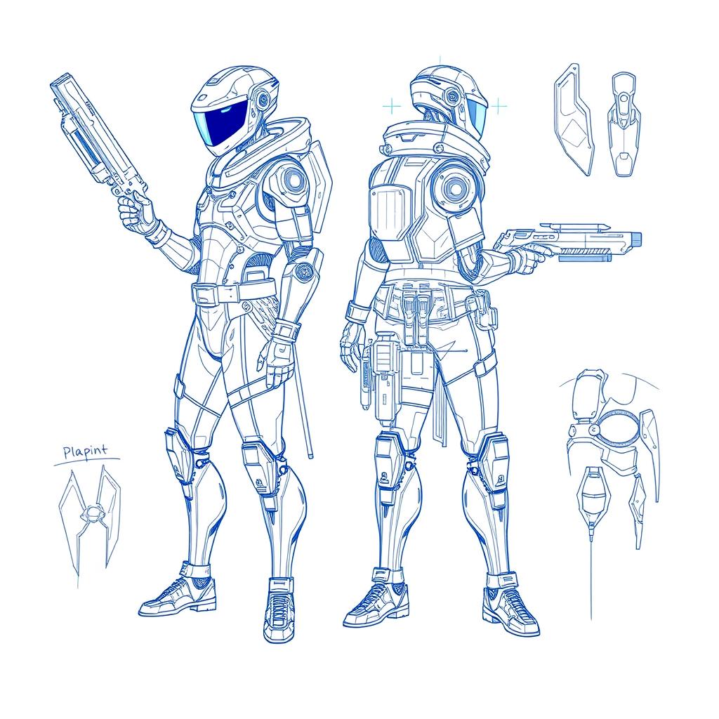 A blueprint sketch of a character design featuring futuristic elements