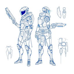 A blueprint sketch of a character design featuring futuristic elements