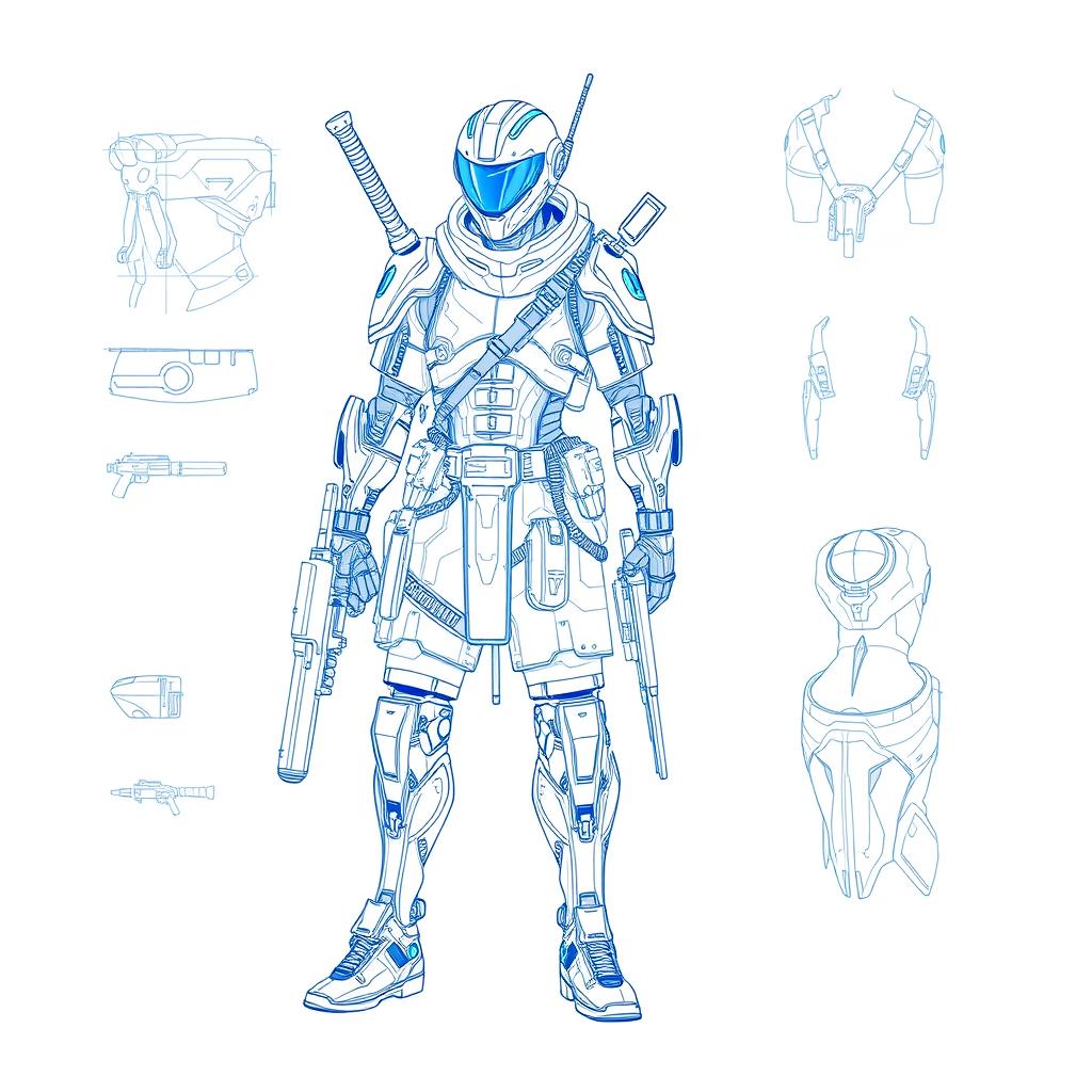 A blueprint sketch of a character design featuring futuristic elements