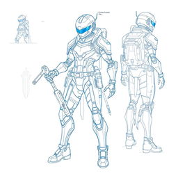 A blueprint sketch of a character design featuring futuristic elements