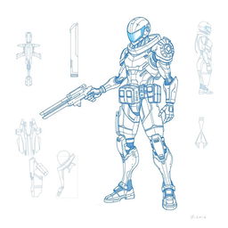 A blueprint sketch of a character design featuring futuristic elements