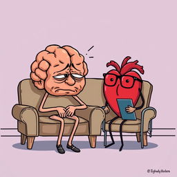 A humorous cartoon image where a brain with a tired expression and slumped posture is sitting on a therapist's couch