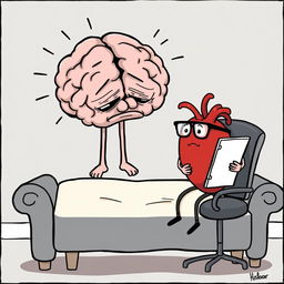 A humorous cartoon image where a brain with a tired expression and slumped posture is sitting on a therapist's couch