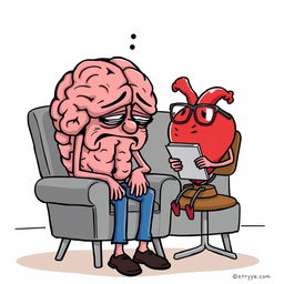 A humorous cartoon image where a brain with a tired expression and slumped posture is sitting on a therapist's couch