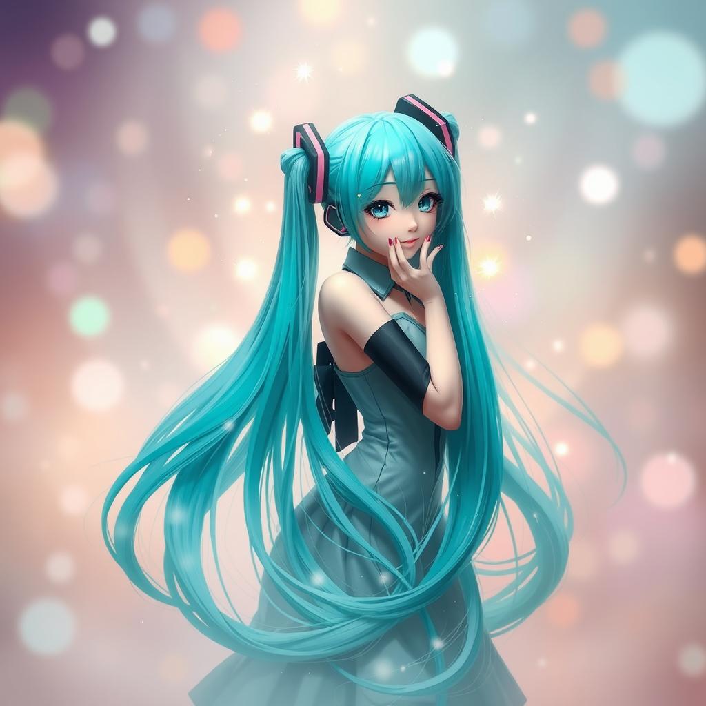 Hatsune Miku posed gracefully in a creative and surreal environment