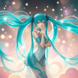 Hatsune Miku posed gracefully in a creative and surreal environment