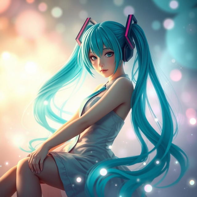 Hatsune Miku posed gracefully in a creative and surreal environment