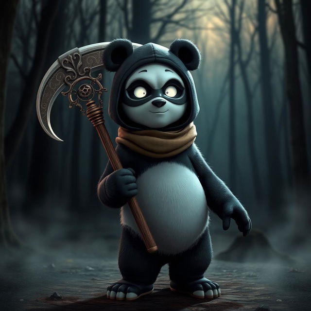 Animated panda wearing a ski mask, holding a grim reaper scythe