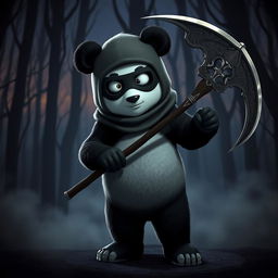 Animated panda wearing a ski mask, holding a grim reaper scythe