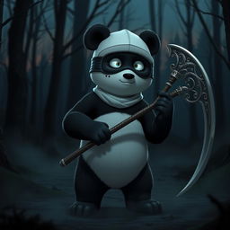 Animated panda wearing a ski mask, holding a grim reaper scythe