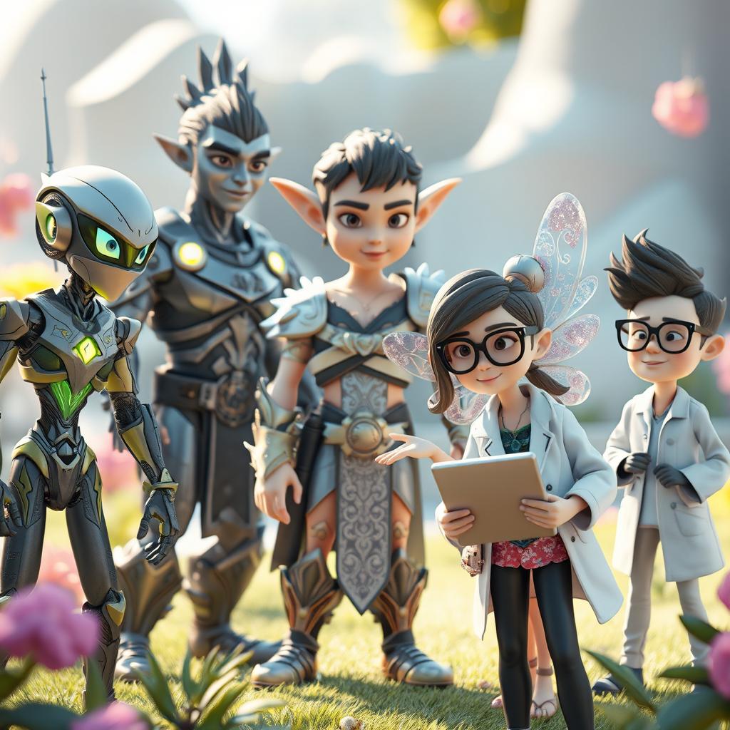 A group of five diverse 3D characters in a vibrant and imaginative setting